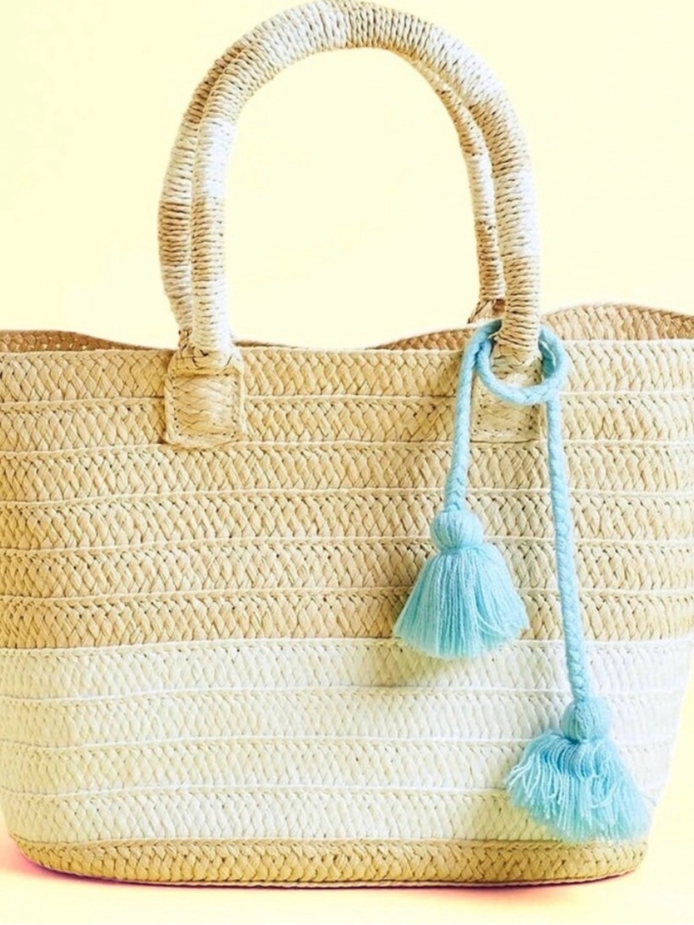 Altru HandWoven Straw Tote Bag with Blue Tassels